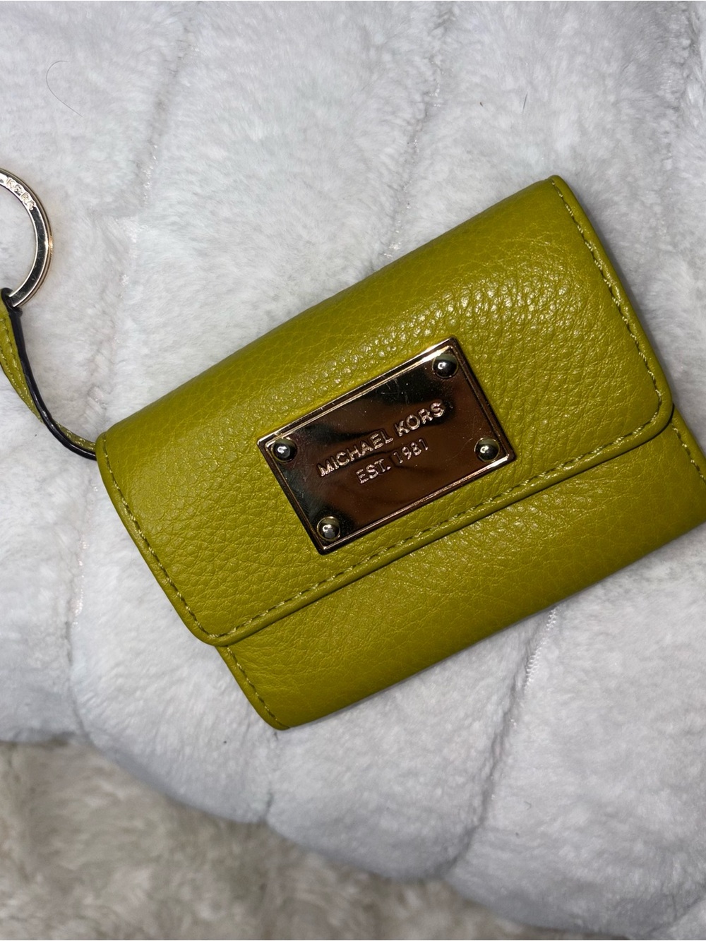 Michael Kors Chartreuse Pebbled Leather Key & Card Holder with Gold Plaque